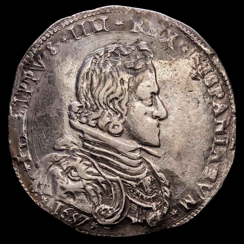 Felipe IV (1621-1665). 1 ducatón. 1657. Milán. (Tauler-1947). (Vti-15). (Mir-364/1). Ag. 27,57 gramos. MBC+.  Atractivo. Escaso.