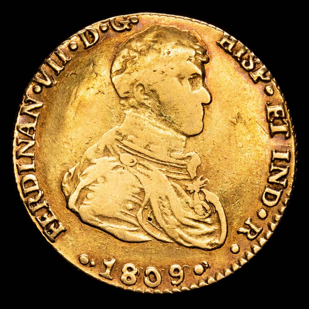 Fernando VII. 2 Escudos. (6,72 g.). Sevilla. 1809. C·N. AC-1667. MBC-. Escasa. Primer busto