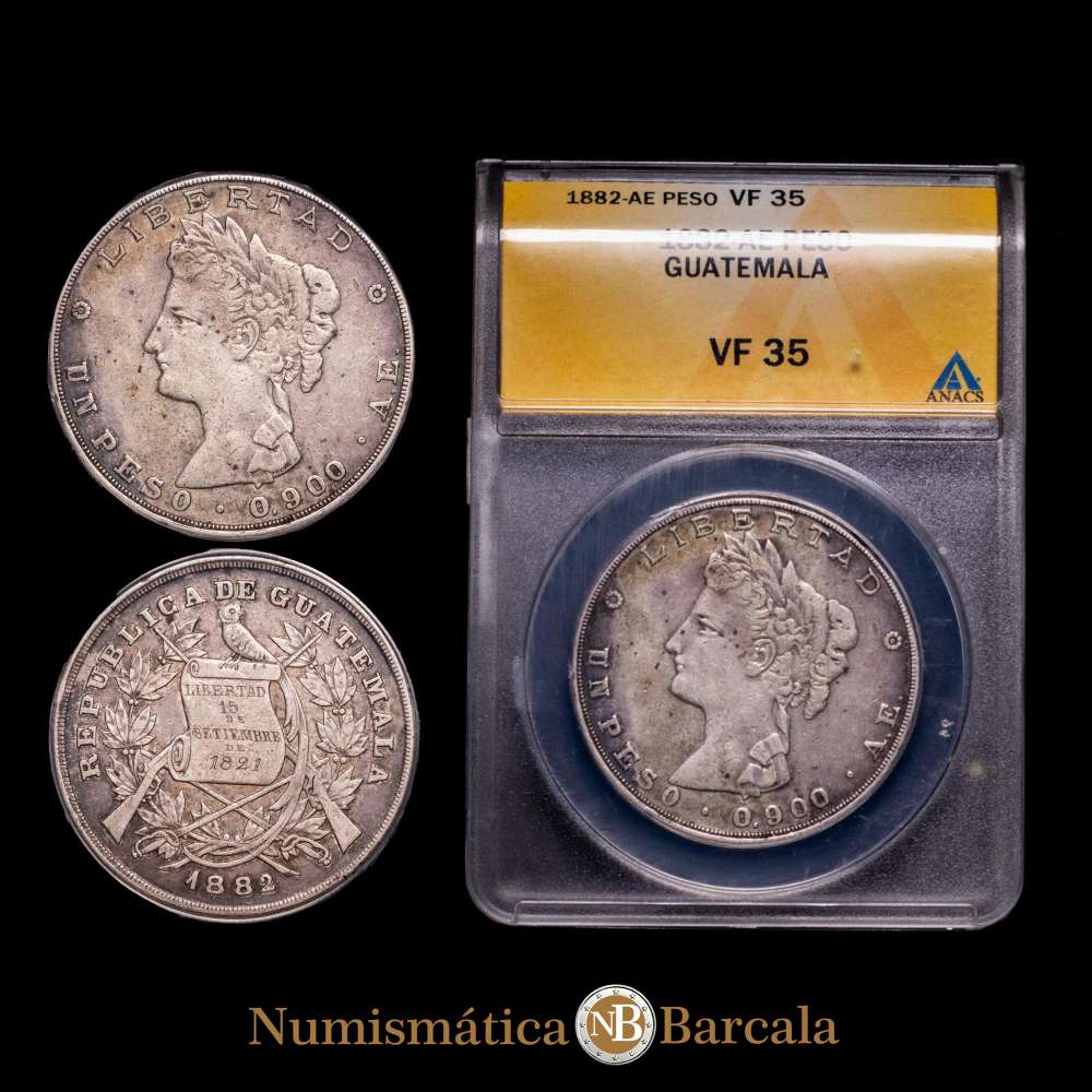 GUATEMALA. Peso, 1882, AE. Casa de Moneda de la Ciudad de Guatemala. Encapsulada por ANACS como VF-35. KM-208.