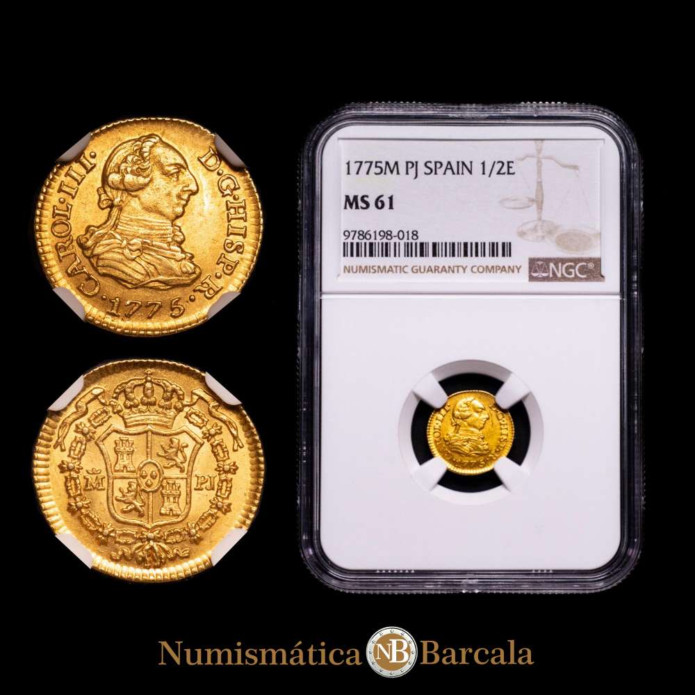 Carlos III (1759-1788). 1/2 escudo. 1775. Madrid. PJ. (Cal-1262). Au. Encapsulada por NGC como MS 61. Gran parte del brillo original. Muy bella. Escasa así.