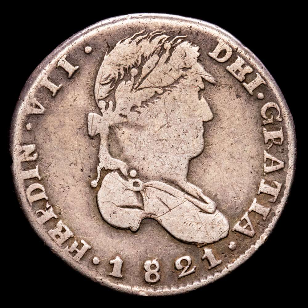 Fernando VII. 2 Reales . (6,1 g.). Zacatecas. 1821. A·G. AC-1013. BC+. Escasa