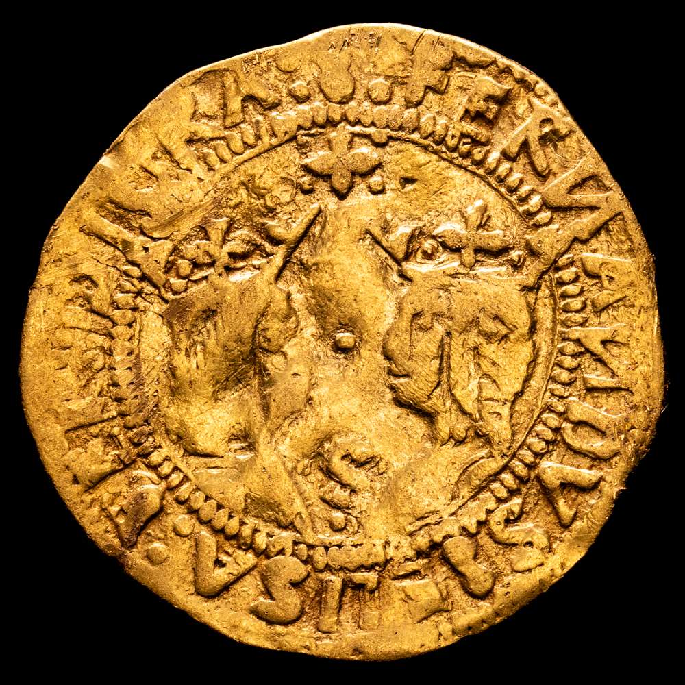 Fernando e Isabel (1474-1504). Doble excelente. Sevilla. (Cal-733). (Tauler-194). Au. 6,82 gramos. Rara. MBC.