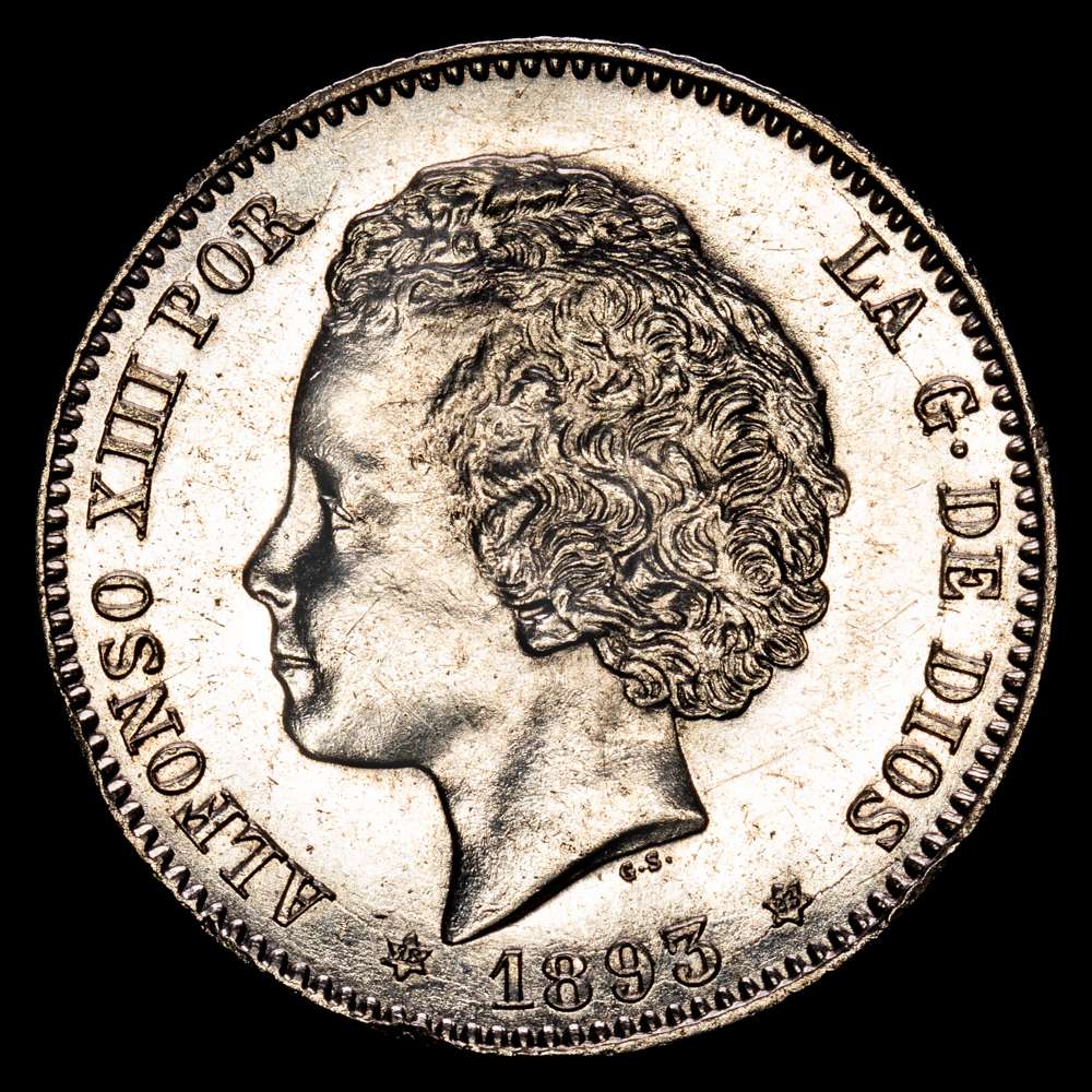 Alfonso XIII (1886-1931). 1 peseta. 1893. Madrid. PGL. (Cal 2019-54). Ag. 4,95 gramos. Mínimos golpecitos en el canto.  Conserva un ligero brillo. Tono. Muy escasa en esta conservación. UNC-.