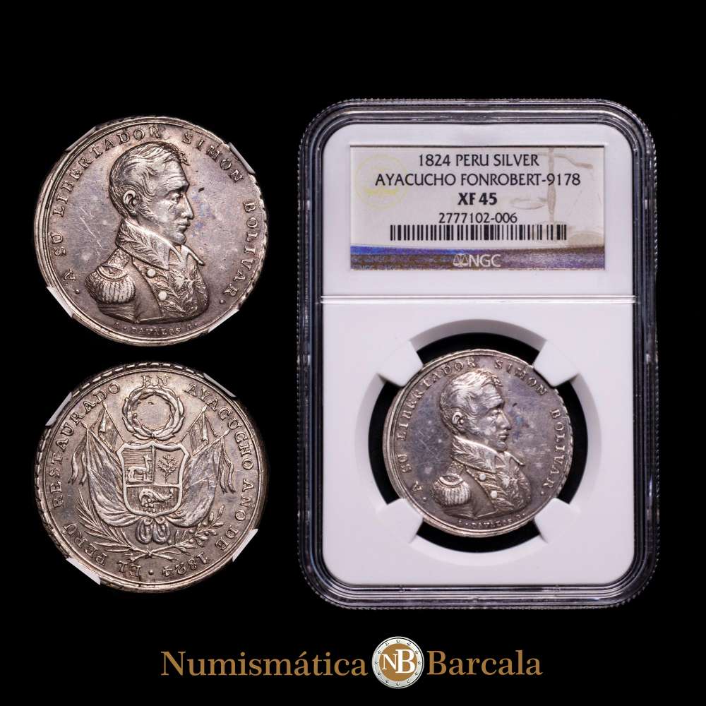 Medalla de plata de la República del Perú “Batalla de Ayacucho”, 1824. Encapsulada por  NGC como XF45, Fonrobert-9178. 32 mm.