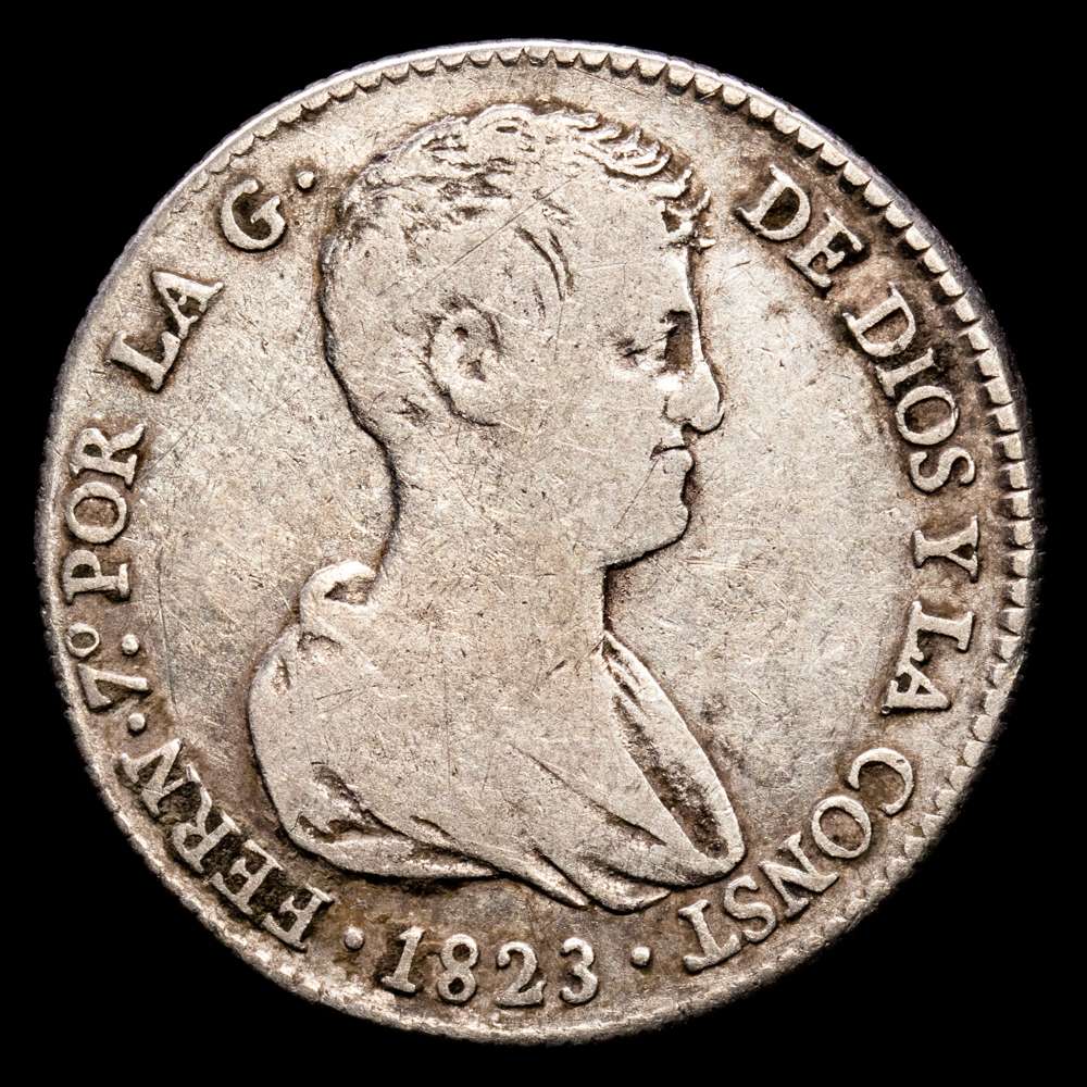 Fernando VII. 4 Reales. (5,59 g.). Valencia. 1823. S·R. AC-852. MBC-. Escasa. Tipo Cabezón