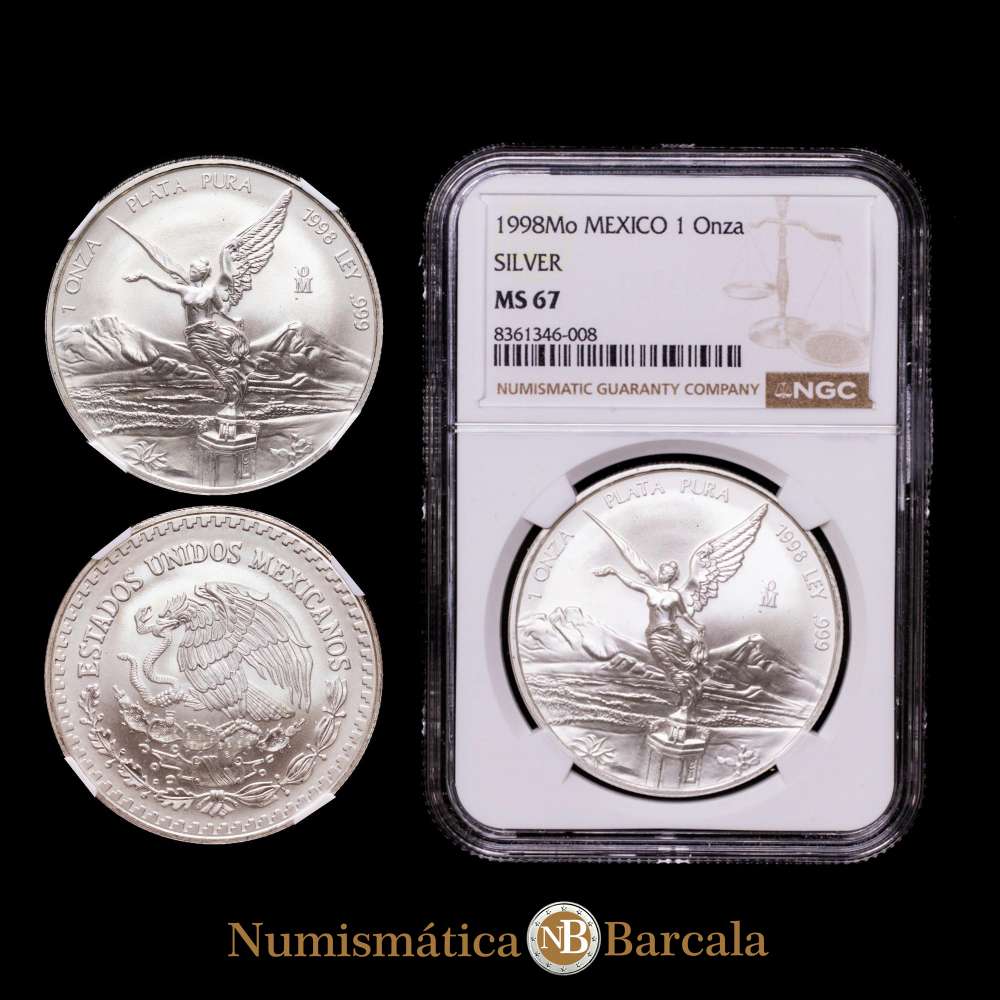 Moneda de plata “Libertad” de México Estados Unidos Onza 1998-Mo. Encapsulada por NGC como MS67, ceca de la Ciudad de México, KM613. Tirada: 67 000.