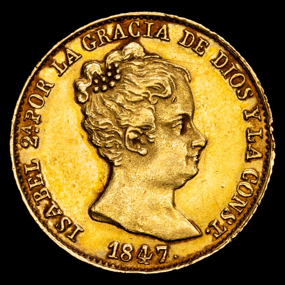 Isabel II (1833-1868). 80 reales. 1847. Barcelona. PS. (Cal-716). Au. 6,75 gramos. (EBC-).
