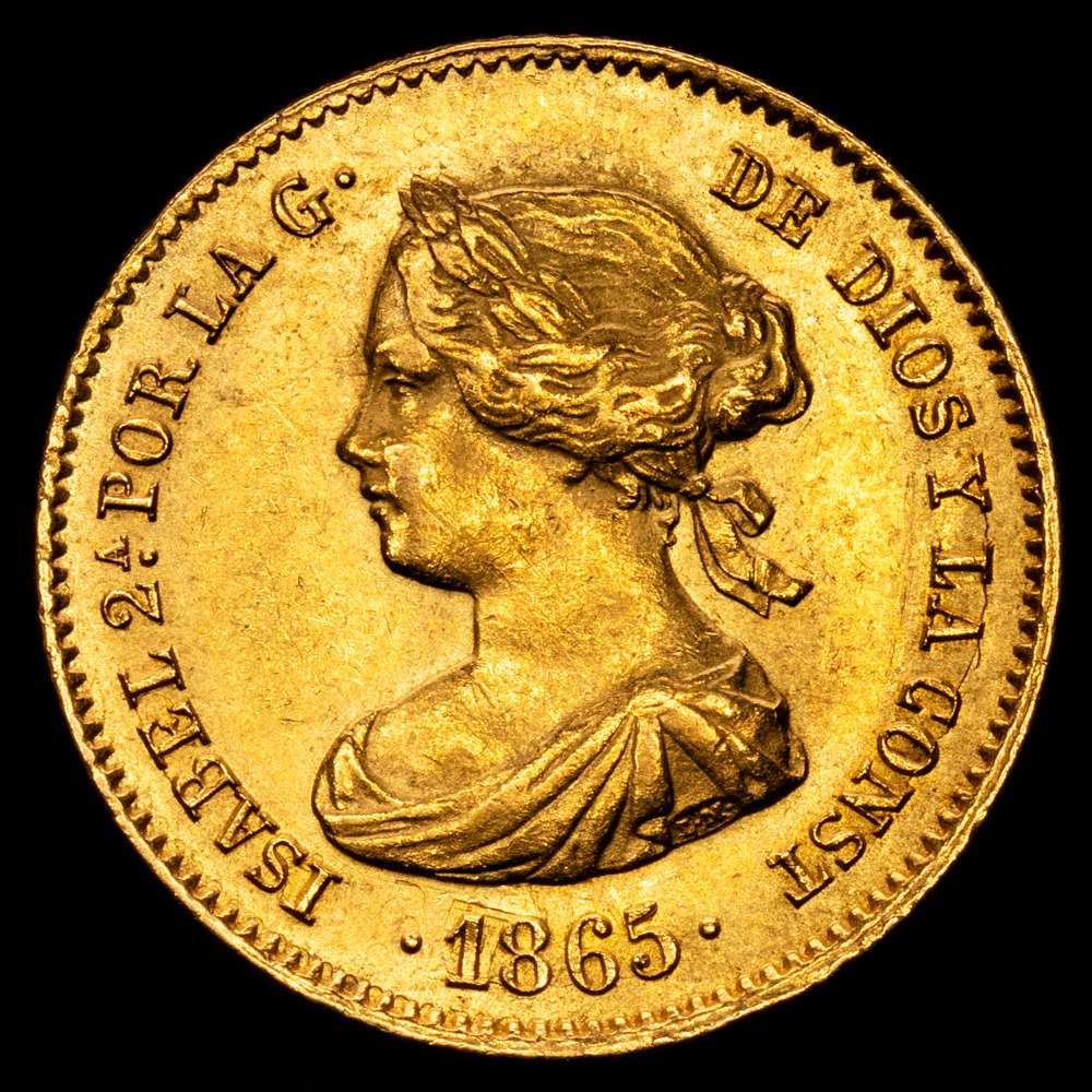 Isabel II (1833-1868). 4 escudos. 1865. Madrid. (Cal-688). Au. 3,29 gramos. EBC.