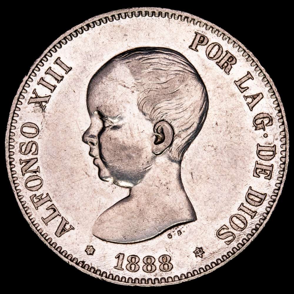 Centenario de la Peseta (1868-1931). Alfonso XIII (1886-1931). 5 pesetas. 1888*18-88. Madrid. MPM. (Cal-92). Ag. 24,88 gramos. Pequeñas marcas. Restos de brillo originales. MBC+.