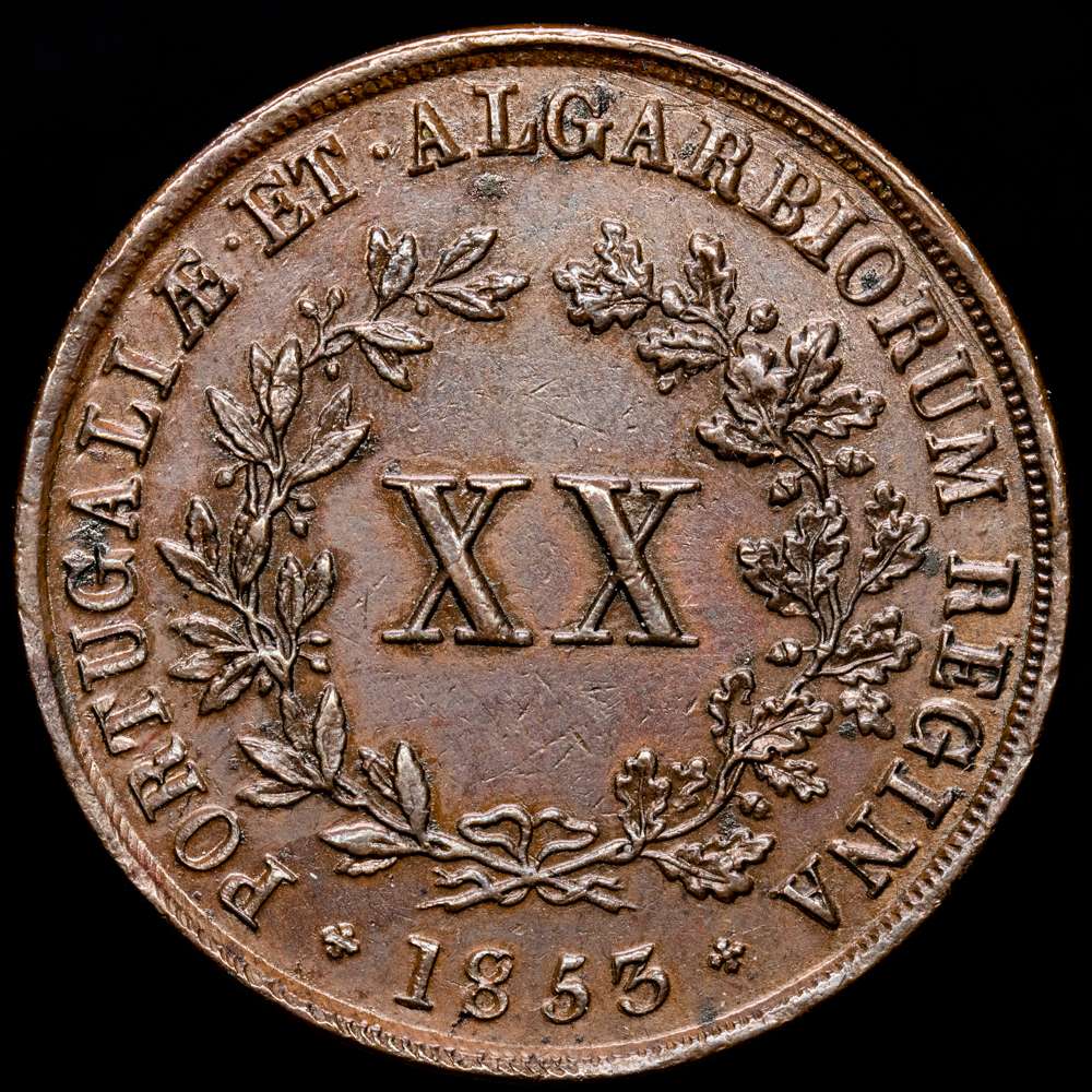 Portugal – Maria II. 20 Reis. (25,11 g.). 1853. KM-482. EBC. XX REIS