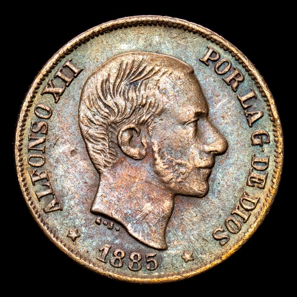 Alfonso XII. 10 Céntimos. (2,47 g.). Manila. 1885. Aureo y Calico-102. MBC+. Bello color