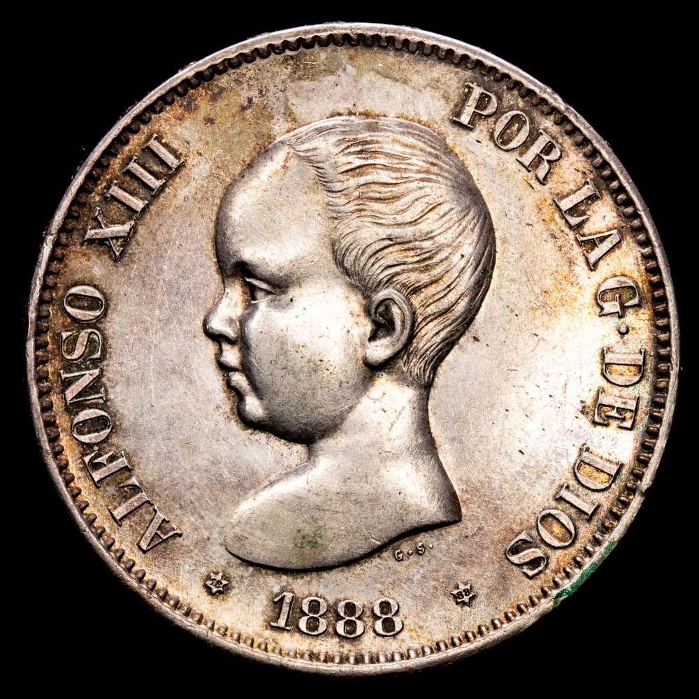 Alfonso XIII. 5 Pesetas. (24,98 g.). Madrid. 1888 *18-88*. MP·M. AC-92. Lindo. EBC+