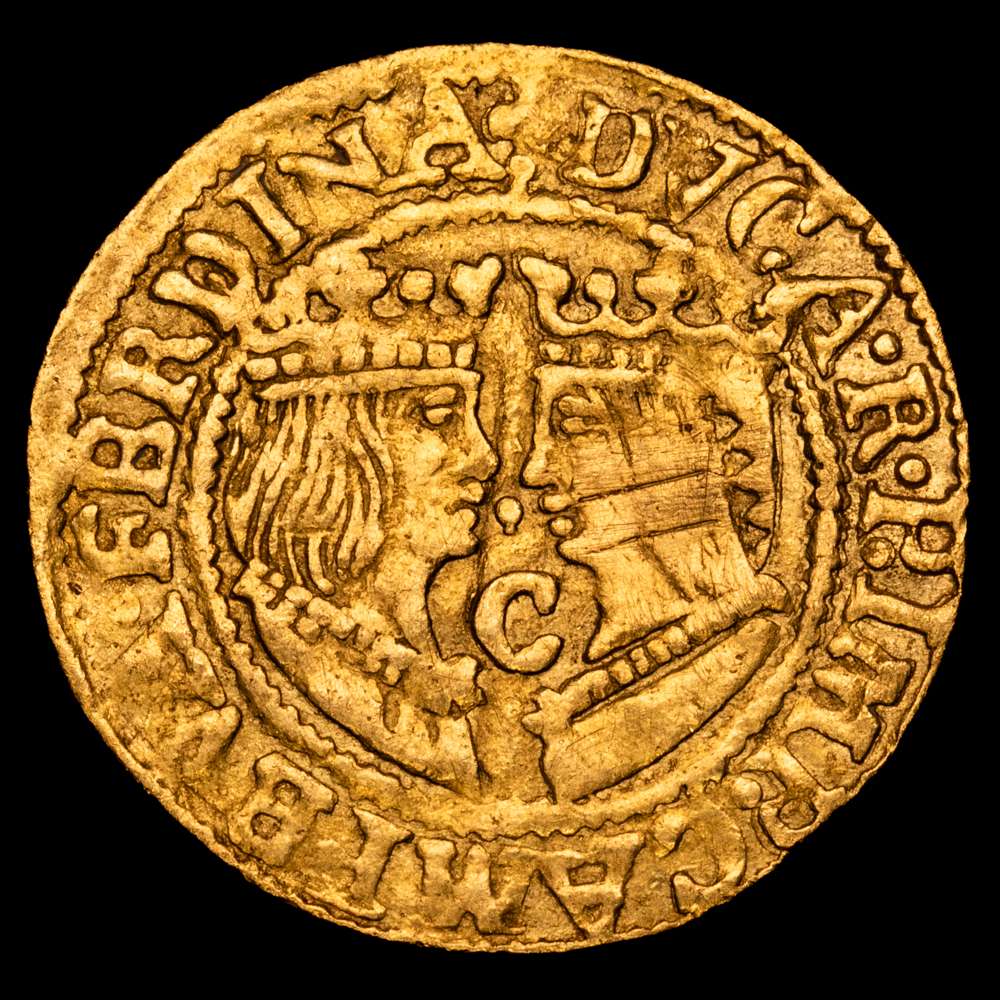 Reyes Católicos (1474-1504) Fernando e Isabel. Ducado. Campen. (Vti-7). (Delm-1101). Au. 3,39 g. Letra C entre los bustos. MBC+.