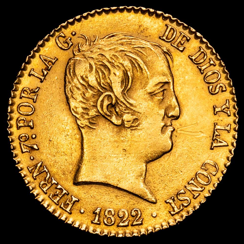 Fernando VII (1808-1833). 80 reales. 1822. Madrid. SR. (Cal-1641). Au. 6,78 gramos. Tipo “Cabezón”. MBC+.