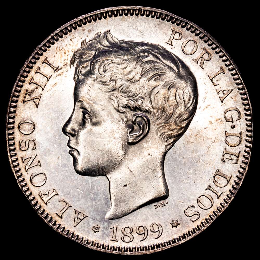 Alfonso XIII (1886-1931). 5 pesetas. 1899*18-99. Madrid. SGV. (Cal-110). Ag. 25,08 gramos. Gran parte de brillo original. SC-.