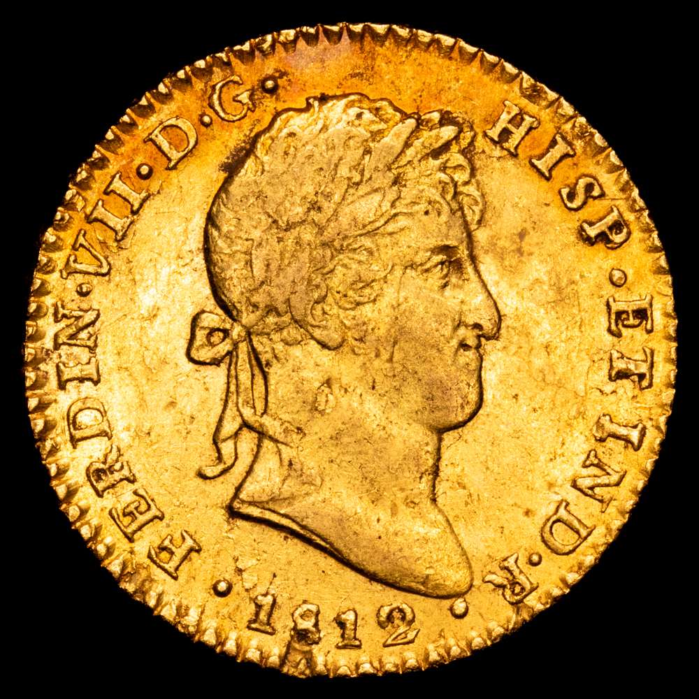 Fernando VII (1808-1833). 2 escudos. 1812. Cádiz. CI. (Cal-1578). Au. 6,72 gramos. Marca de ceca pequeña. Escasa. Bello color. EBC.