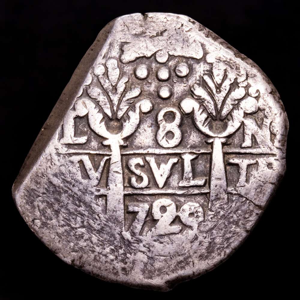 Felipe V. 8 Reales. (23,78 g.). Lima. 1729. Ensayador N. AC-1302. MBC. Cercenada. Dos fechas visibles