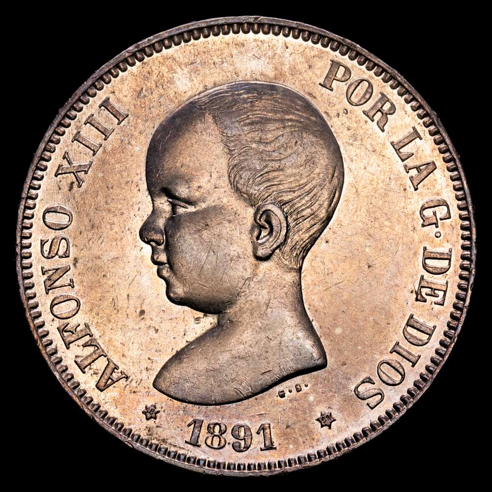 Alfonso XIII. 5 Pesetas. (24,9 g.). Madrid. 1891 *18-91*. PG·M. AC-98. EBC. Bella pátina.