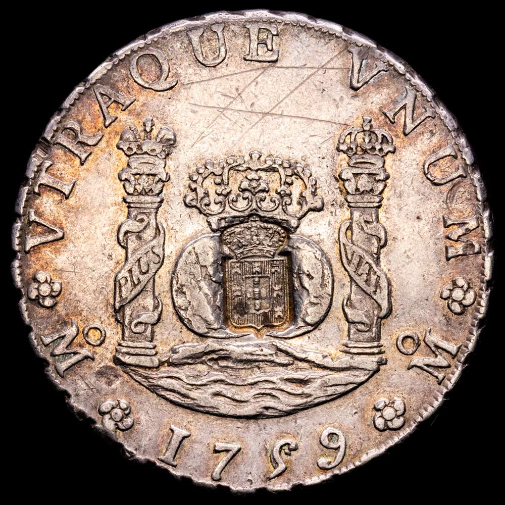 Fernando VI. 8 reales. 1759. México. MM. (Cal-495). Ag. 26,88 gramos. Columnario. Resello escudo de Portugal, realizado en 1834 (De Mey 1040), para circular como 870 reis. MBC+. Muy rara.