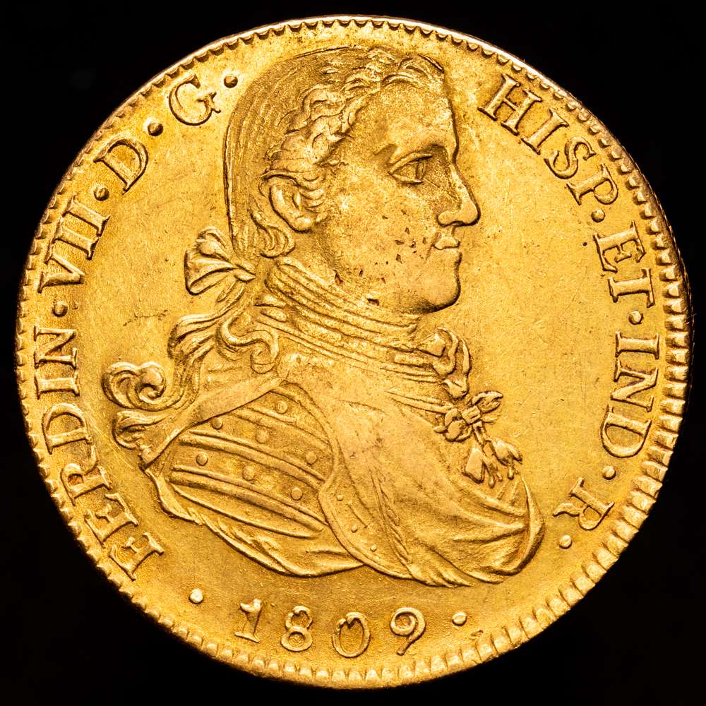 FERNANDO VII. 8 escudos. 1809. México. HJ. 27,01 g. 36,6 mm. (Cal-1782). (Cal onza-1253). Au. Busto imaginario.  Punto entre ET · IND. Restos de brillo original. MBC+.