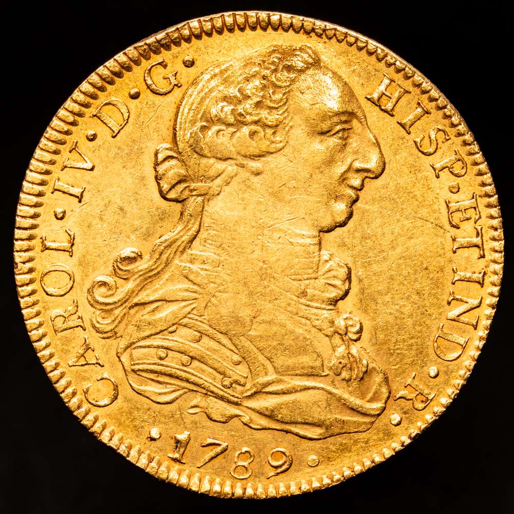 1789. Carlos IV. México. FM. 8 escudos. (AC. 1627) (Cal.Onza 1015). Busto de Carlos III. Ordinal IV. Acuñación algo floja. Escasa. 27,07 g. MBC+.