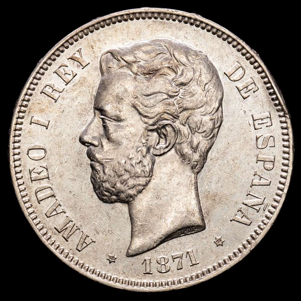 Centenario de la Peseta (1868-1931). Amadeo I (1871-1873). 5 pesetas. 1871*18-75. Madrid. DEM. (Cal-7). Ag. 25,07 gramos. Restos de brillo originales. EBC.