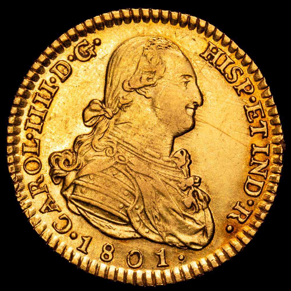 Carlos IV (1788-1808). 2 escudos. 1801. Madrid. FA. (Cal-1303). Au. 6,73 gramos. EBC-. (Rayitas en el anverso). Bonito color.