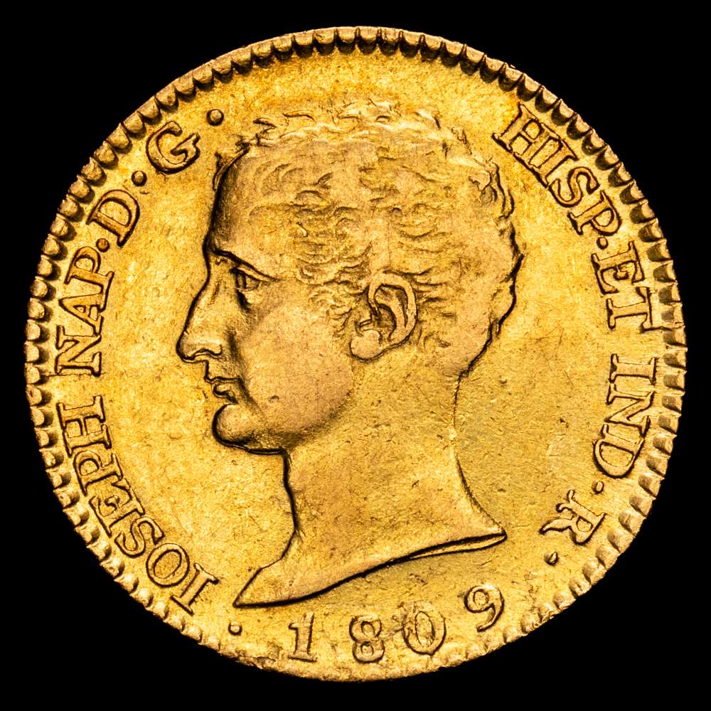 José Napoleón (1808-1814). 80 reales. 1809. Madrid. AI. (Cal-47). Au. 6,85 gramos. Busto desnudo. Primer año del tipo.  Rara. MBC+.