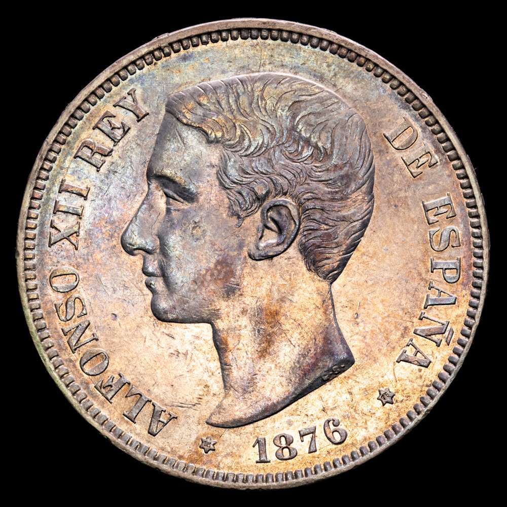 Centenario de la Peseta (1868-1931). Alfonso XII (1874-1885). 5 pesetas. 1876*18-76. Madrid. DEM. (Cal-37). Ag. 24,94 gramos. Pátina suave y atractiva. Brillo original. EBC+/EBC.