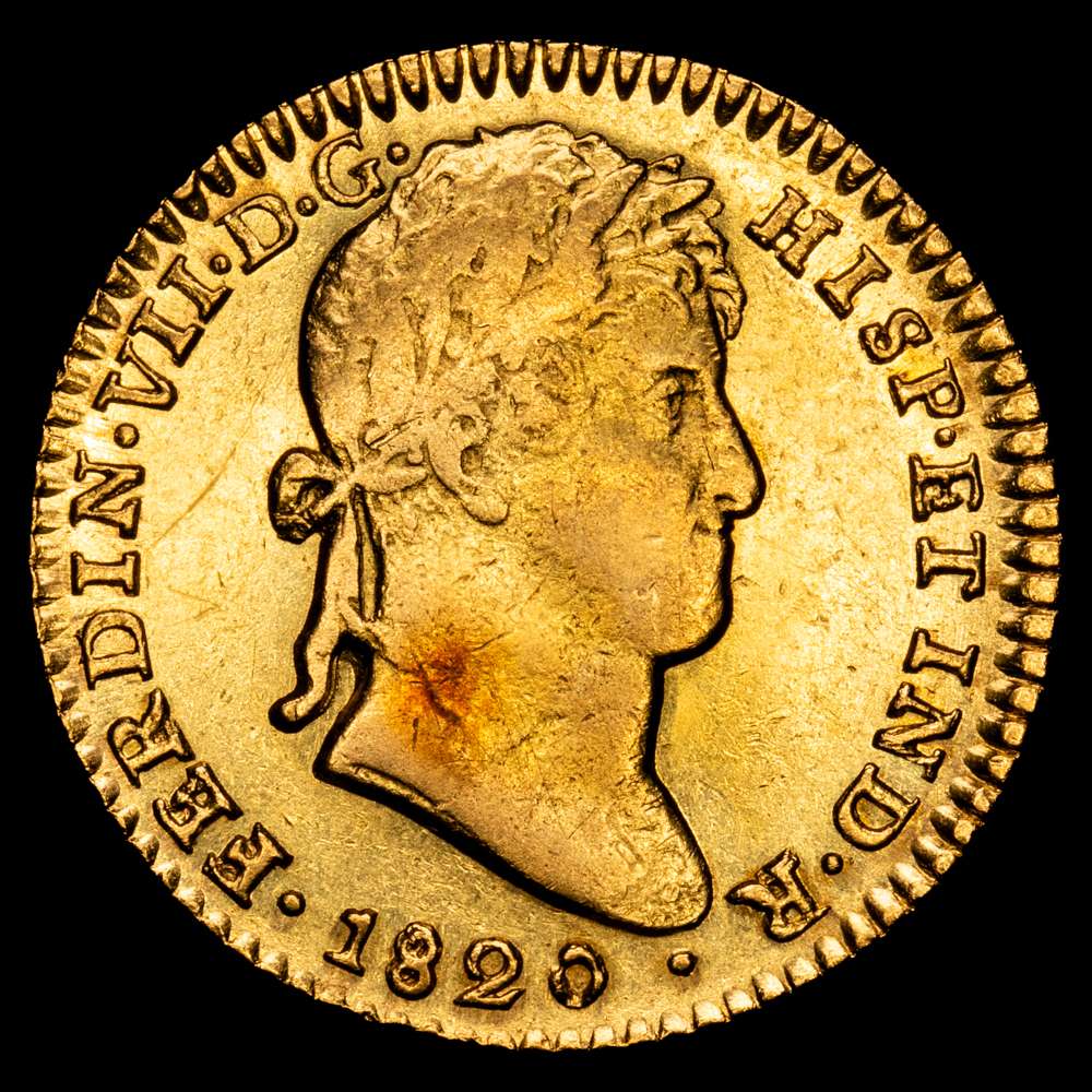 Fernando VII (1808-1833). 2 escudos. 1820. Sevilla. CJ. (Cal-1676). Au. 6,77 gramos. Gran parte del brillo original. MBC+/EBC.