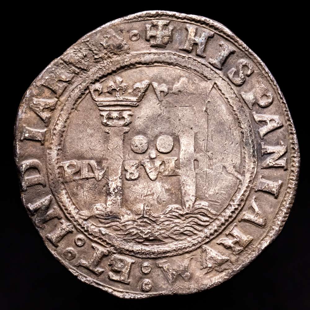 Juana y Carlos (1504-1555). 2 reales. ND (1542-1548). México. G. (Cal-93). Ag. 6,41 gramos.  Escudo entre M – G. Pátina oscura. VF.