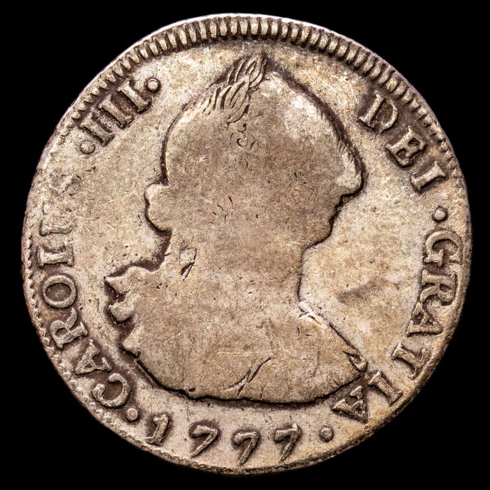 Carlos III. 4 Reales. (12.96 g). Nueva Guatemala. 1777. Ensayador Pedro Sánchez de Guzmán (P). Aureo y Calicó-807. BC+. Rara. (VG10)