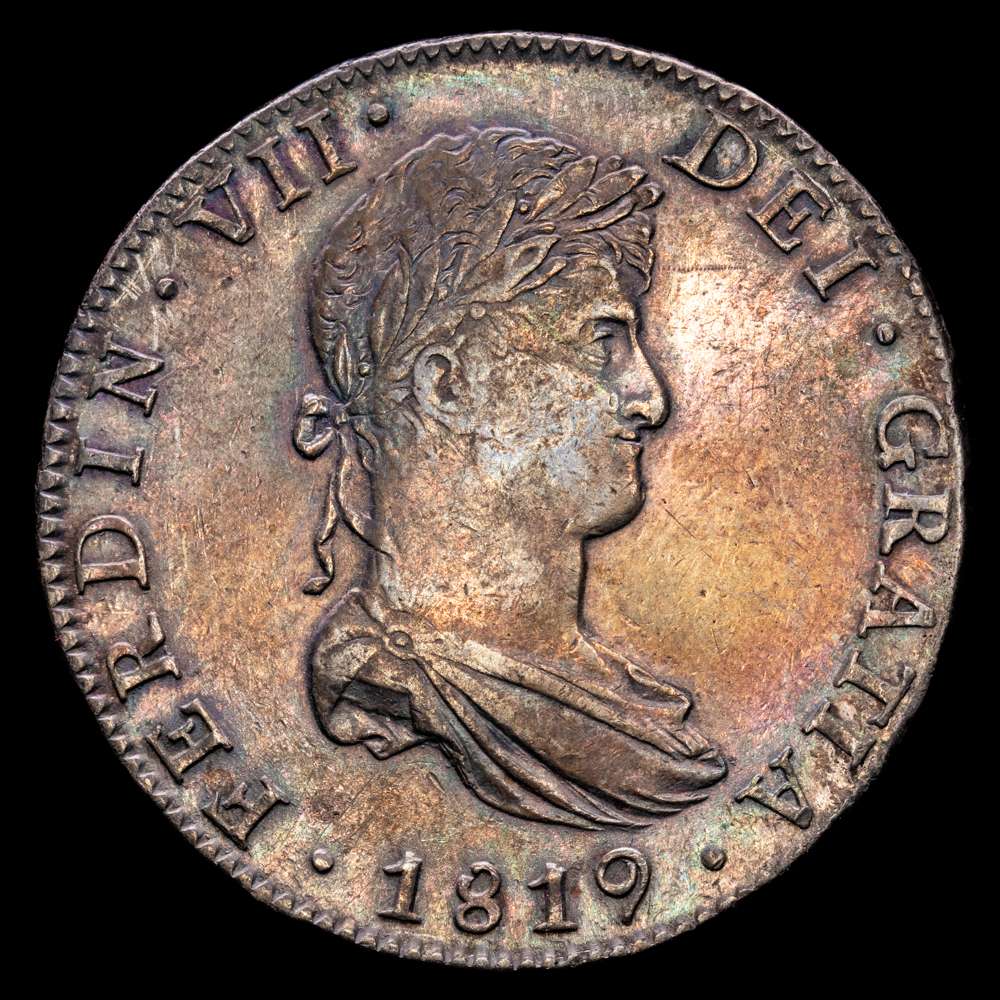 Fernando VII (1808-1833). 8 reales. 1819. México. J.J. (Cal-1334). Ag. 26,91 gramos. EBC/MBC+. Bonita pátina irisada.