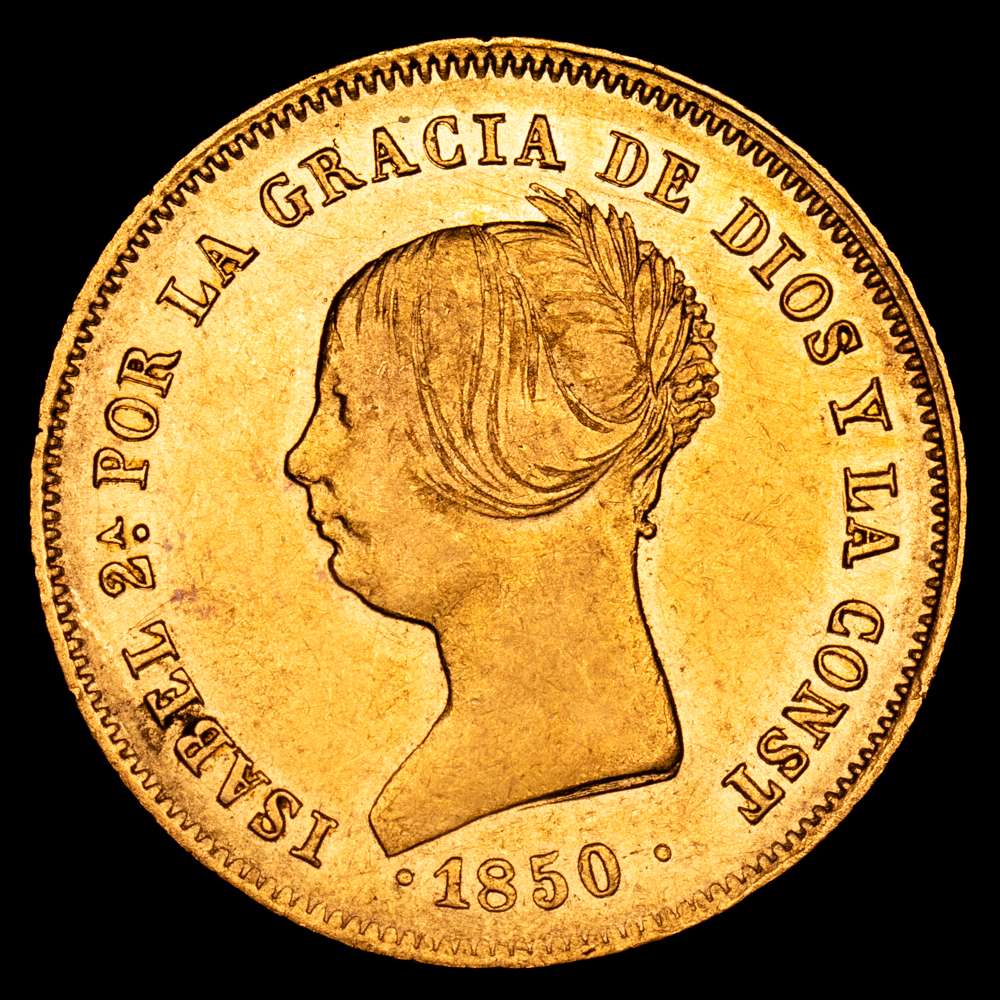 Isabel II. 1850. Madrid. CL. Doblón de 100 reales. (AC.757). Escasa. Parte de brillo original. 8,15 gramos. EBC-.