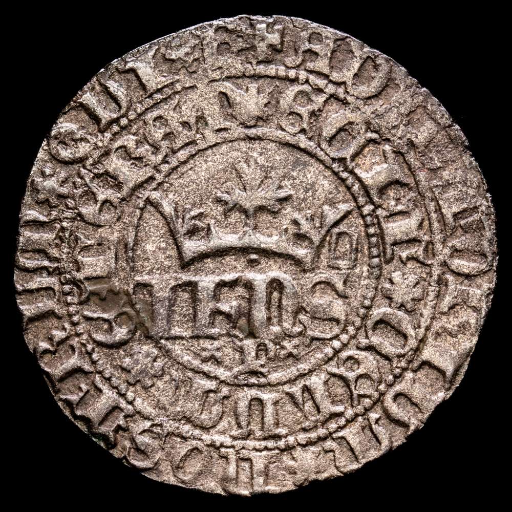 Portugal D. João I (1385-1433) Real de 10 soldos xPx/PO Ceca de Oporto. AG: (Gomes 46.04). 2,55 g. Solo se conocen 6 ejemplares. Muy buena conservación. Rara.