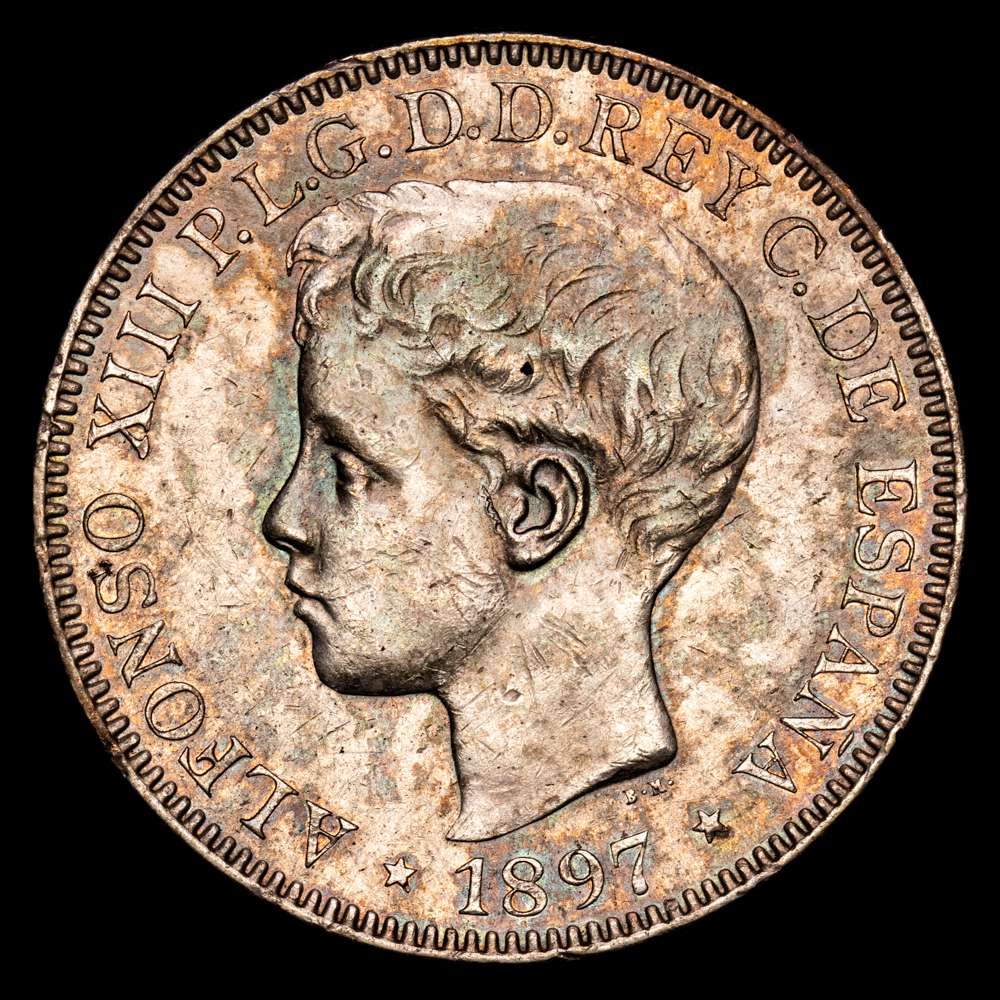 1897. Alfonso XIII. Manila. SGV. 1 peso. (Cal.122) . 24,90 g. Pátina irisada. MBC+.