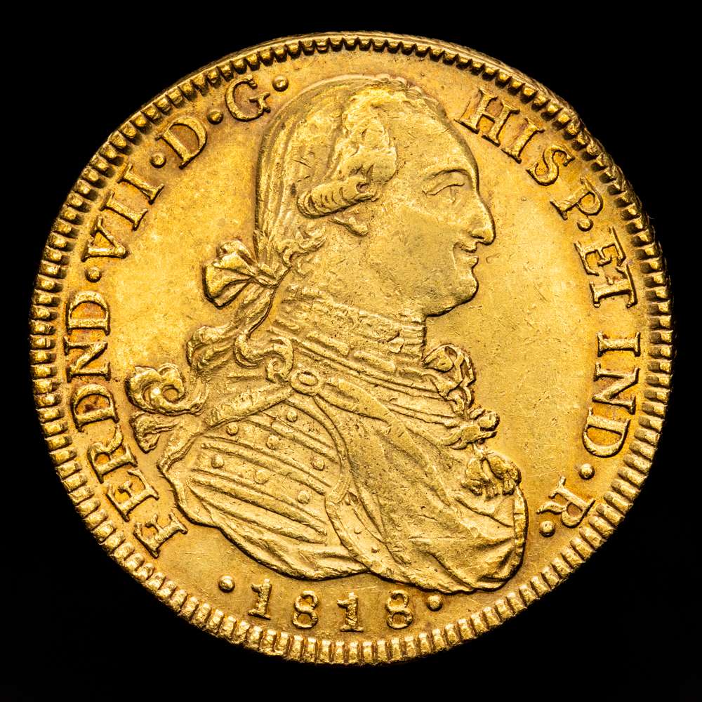 Fernando VII (1808-1833). 8 escudos. 1818. Santa Fe de Nuevo Reino. J.J. (Cal-1856). (Cal onza-1336). (Restrepo-127-28). Au. 27,01 gramos. Busto de Carlos IV. EBC-. Bonito color.