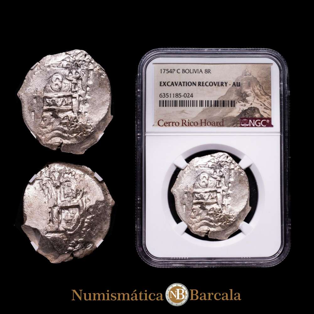 Bolivia. Fernando VI Cob “Cerro Rico Hoard” 8 Reales 1754 P+C. AU (Recuperación de Excavación) NGC, Ceca de Potosí, KM40, Cal-527.Cerro Rico de Potosí, es una montaña en los Andes (Bolivia).