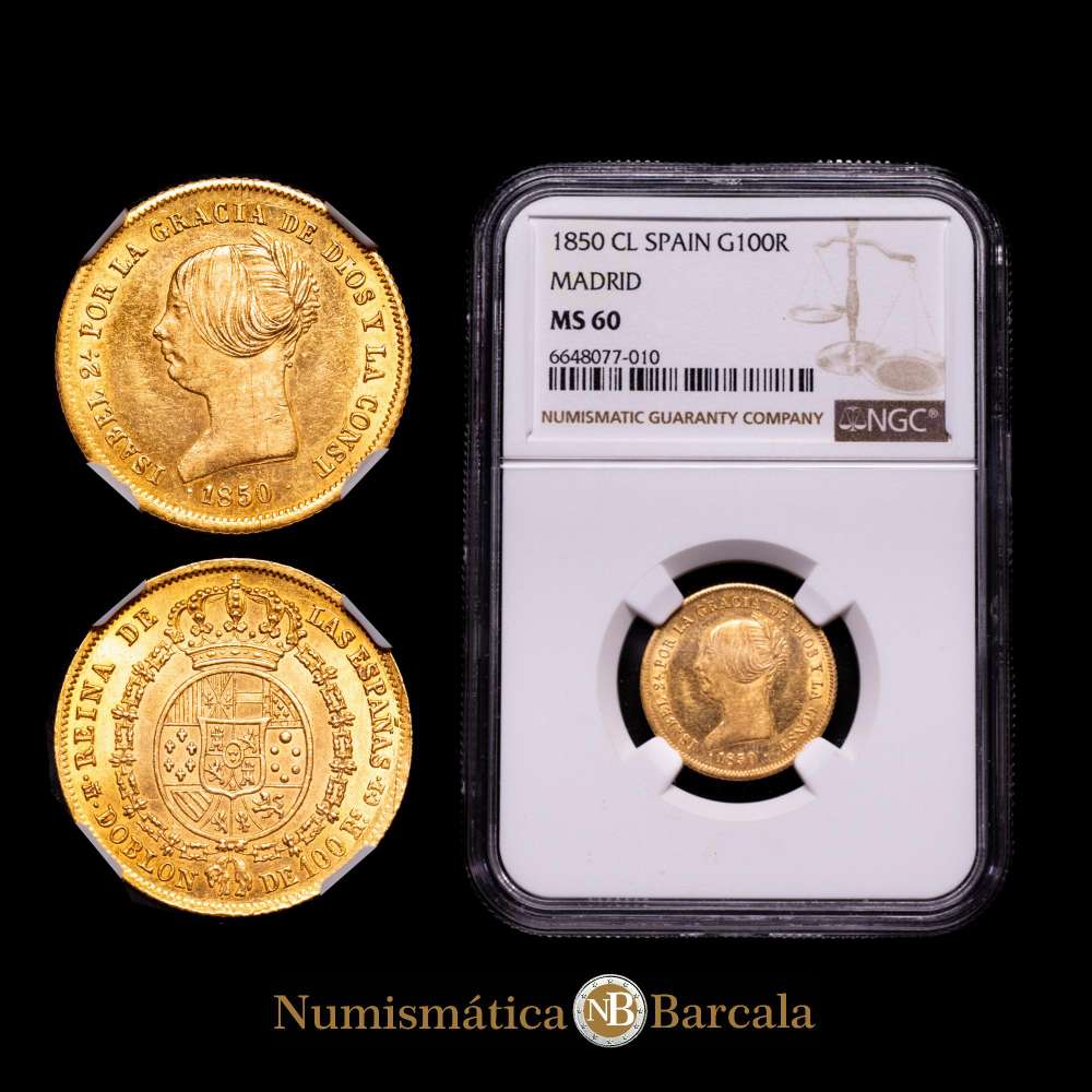 Isabel II (1833-1868). 100 reales. 1850. Madrid. CL. (Cal-757). Au. 8,33 gramos. Brillo original.   Encapsulada por NGC como MS 60. Rara así.