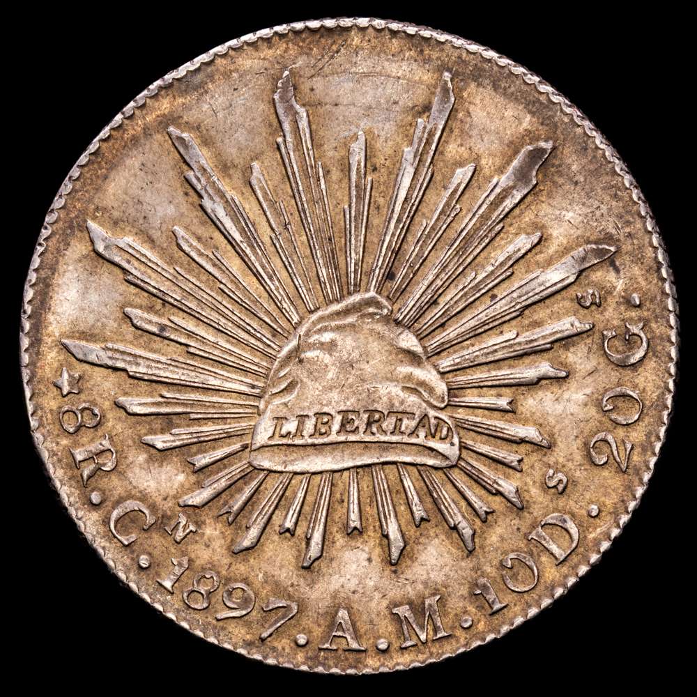 México. 8 reales. 1897. CN/AM, Culiacán. (Km-377,3). Ag. 27,26 gramos. Tono. Escasa. EBC-/EBC.