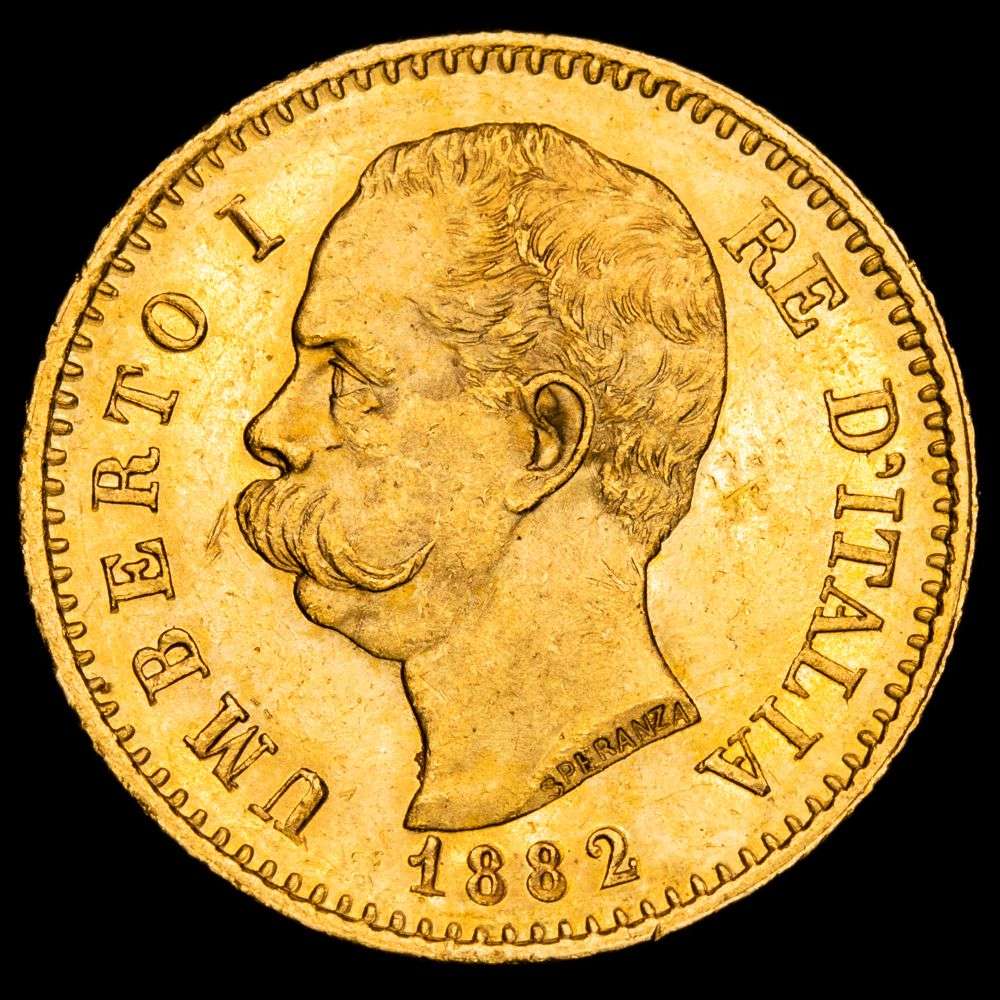 Italia – Umberto I. 20 Liras. (6,45g.). Roma · R. 1882. KM-21. UNC-.