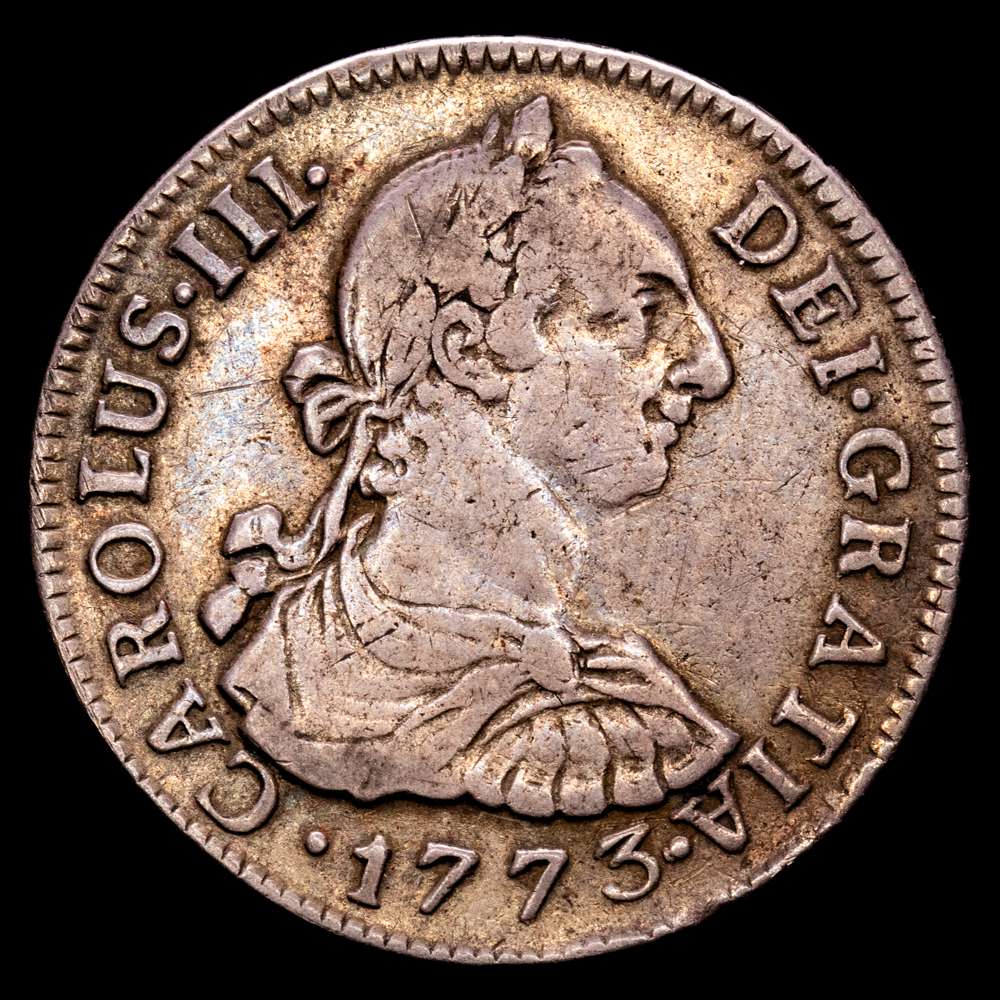 Carlos III (1759-1788) 2 reales. 1773. Lima. MJ. (Cal-585). Ag. 6,52 gramos. Pocos ejemplares conocidos. Muy rara. MBC.