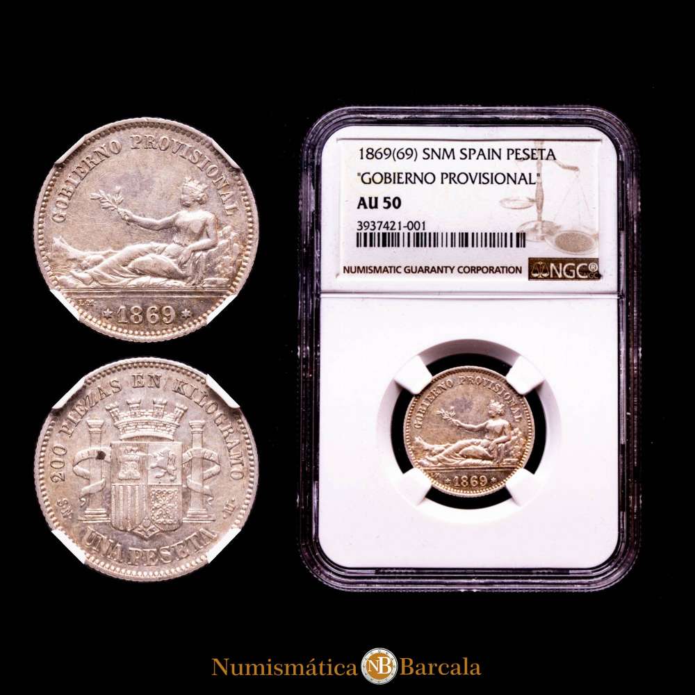 Gobierno Provisional. 1 Peseta. ( g.). Madrid. 1869(69). Ensayador SN·M. Encapsulado por NGC AU 50.