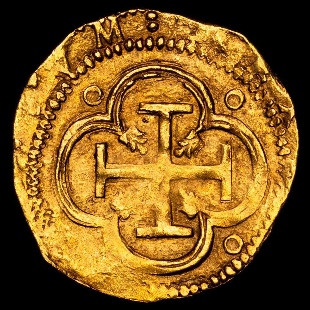 Felipe II. Toledo. M. 2 escudos. (1556-1598). (Cal. 90) (Tauler 61). 6,75 gramos. Armas de Flandes y Tirol intercambiadas. Bello color. Rara y más así. EBC-.