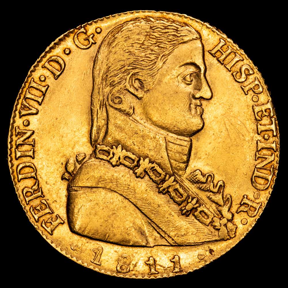Fernando VII (1808-1833). 8 escudos. 1811. Santiago. FJ. (Cal-1865). (Cal onza-1348). Au. 26,96 gramos. Busto almirante. (EBC-).