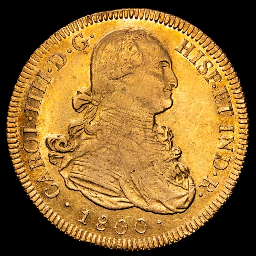 Carlos IV (1788-1808). 8 escudos. 1800. Potosí. PP. (Cal-1706). (Cal onza-1099). Au. 27,01 gramos. MBC+/EBC-.  Gran parte del brillo original. Escasa.