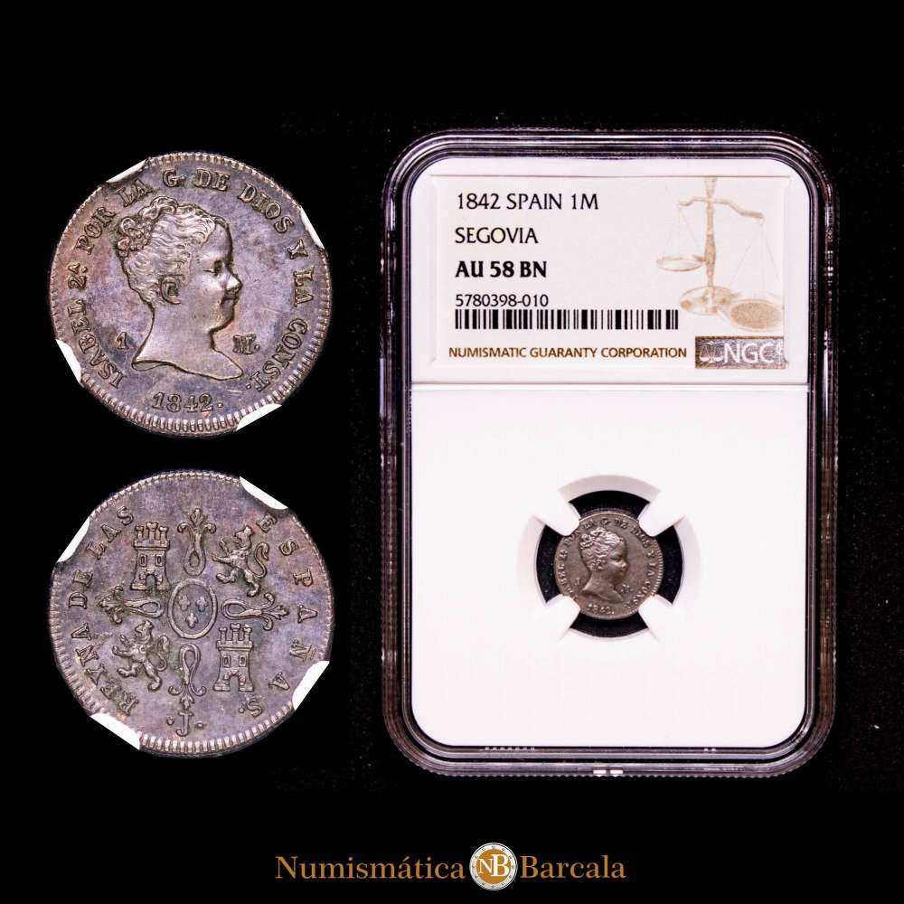 Isabel II. 1 Maravedí.  Jubia. 1842.(AC. 35) Encapsulado por NGC AU 58 BN.
