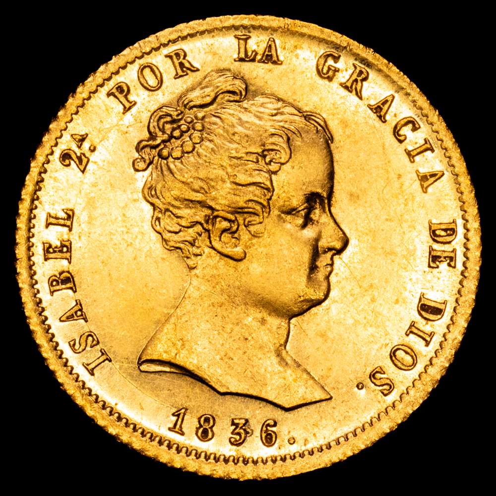 Isabel II (1833-1868). 80 reales. 1836. Madrid. CR. (Cal-721). Au. 6,76 gramos. Bellísima. Pleno brillo original.   Muy rara y más así. SC/FDC.