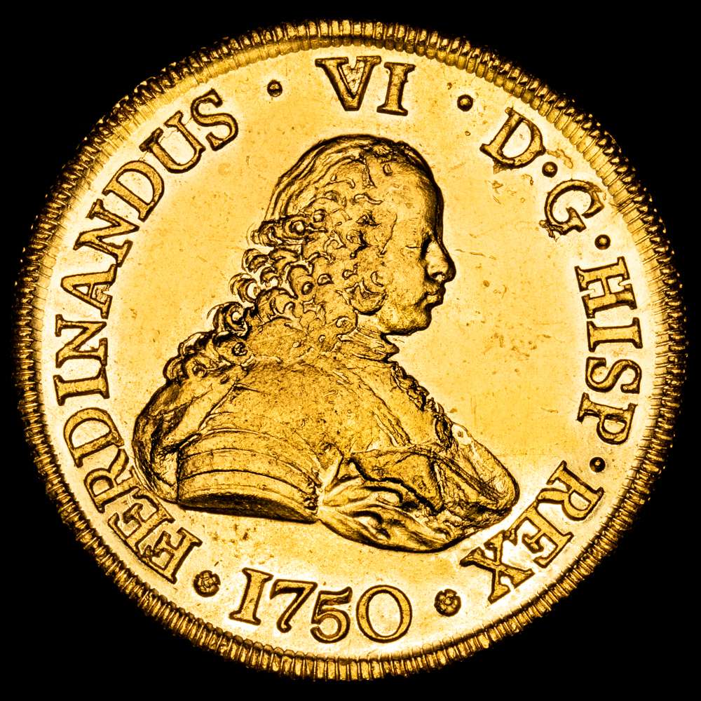 Fernando VI. 1750. Santiago. J. 8 escudos. (AC. 822) (Cal.Onza 642). Pleno brillo original. Muy bella. Rara así. 27,05 gramos. SC.