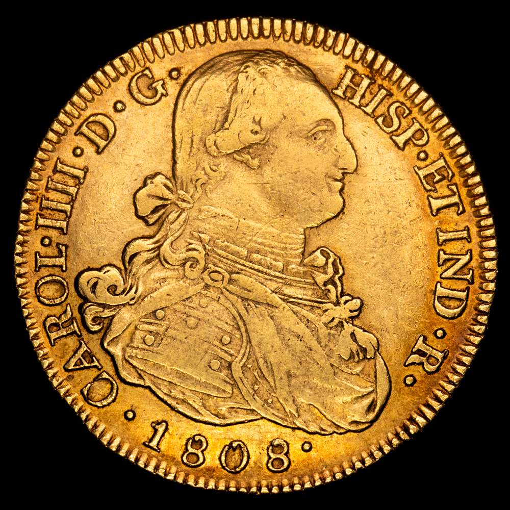 Carlos IV (1788-1808). 8 escudos. 1808. Popayán. JF. (Cal-1690). (Cal onza-1075). (Restrepo-98-38). Au. 26,96 gramos. MBC+.